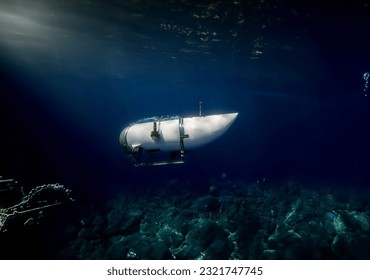 El submarino de titán en el mar. Render 3d. Photoshop.