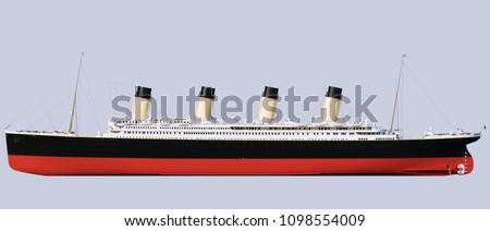 Titanic Rendering. Frontal projection. Side view. Sideways
