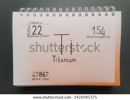 Titanium - element of the periodic table. Symbol for the chemical element titanium with atomic data, written on sheet of paper.