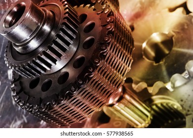 Titanium And Steel Gears And Bearings In Metal Colours Toning, Engineering Parts