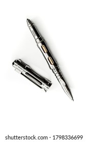 Titanium Tactical Ballpoint Pen On White Background