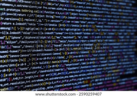 TitleSoftware source code. Programming code. Programming code on computer screen. Developer working on program codes in office. Source code