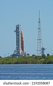 Titusville, FL., USA - April 11, 2022: Artemis 1 Rocket Capped With Orion Crew Capsule On Launch Pad 39B In Preparation For Prelaunch Testing At NASA’s Kennedy Space Center. Heat Haze Shimmering 