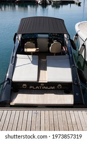 Tivat, Montenegro - October 20, 2020, Motor Yacht Platinum, Luxury Class, Docks In A Marina On The Adriatic Coast.