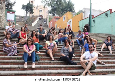 Tlaxcala, Mexico - Ago, 24, 2019: A Beautiful View Of The City And Its Buildings, Local People And Tourists. 