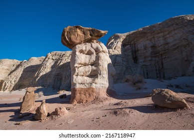 Toadstool rock formations near Kanab, UT. USA.  These geologic wonders are caused by erosion of soft sandstone underneath the harder stone on top, giving the impression of a 'toadstool'.