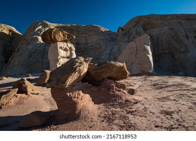 Toadstool rock formations near Kanab, UT. USA.  These geologic wonders are caused by erosion of soft sandstone underneath the harder stone on top, giving the impression of a 'toadstool'.