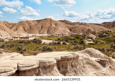 Toadstools with a View of the Badlands, Toadstool Geologic Park in the Oglala National Grassland in Nebraska.