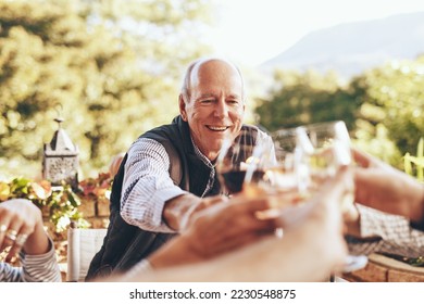 Toast, celebration and family at a lunch with wine to drink during Christmas on the patio. Happiness, solidarity and friends with a cheers and smile during a dinner party in a backyard of a home - Powered by Shutterstock