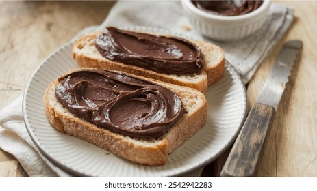 Toast with Chocolate Spread: Two slices of toast generously spread with dark chocolate, accompanied by a small bowl of spread, set on a rustic wooden surface with a cloth and knife. - Powered by Shutterstock