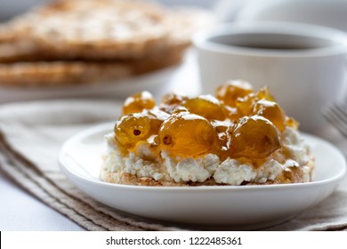 Toast With Cottage Cheese And Jam, Breakfast, Light Background