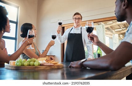 Toast, Friends And Brunch Or Red Wine Tasting At Farm Real Estate House For Celebration Event With Food, Grapes And Alcohol. Wow, Group Vacation To Vineyard For Spring Party Drinks In A Glass