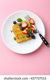 Toast With Fruits On Pink Background, Food Top View