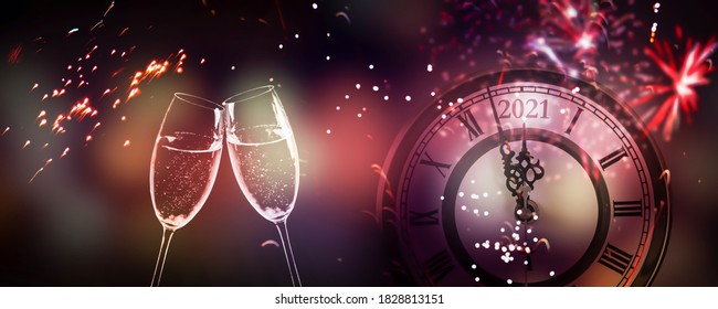 Toast At The Happy New Years Eve 2021 With Champagne Glasses And Firecrackers At Midnight, Happy New Year Celebration With Firewoks Light Effects Around Count Down Clock