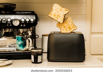 Toast jumping from toaster, coffee machine, breakfast, Jam, Coffee cup, Toaster, Toast