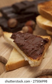 Toast With Nutella Chocolate, Hazelnuts And Chocolate Plate