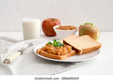 Toast With Sweet Apple Jam In Plate On Light Background