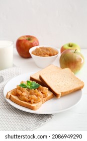 Toast With Sweet Apple Jam In Plate On Light Background