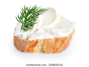 Toasted bread with cream cheese and dill isolated on white background. With clipping path. - Shutterstock ID 2100035116