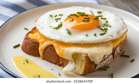 Toasted Bread with Egg: Toast topped with melted cheese and a sunny-side-up egg, garnished with green herbs. Set on a wooden surface with a striped cloth and a hint of yellow sauce. - Powered by Shutterstock