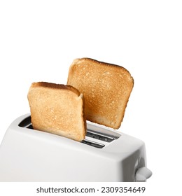 El pan tostado aparece en tostadora blanca aislada sobre fondo blanco.