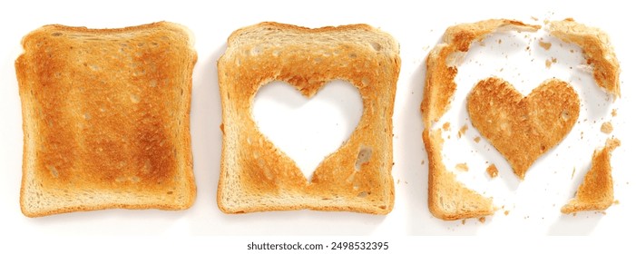 Toasted bread whole and with a heart-shaped cutout on a white background, top view - Powered by Shutterstock