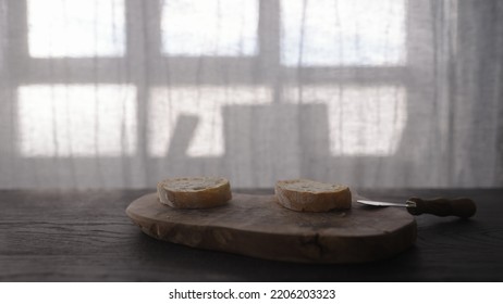 Toasted Ciabatta Slices Fall On Woob Board , Wide Photo