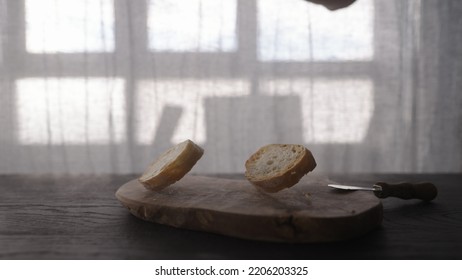 Toasted Ciabatta Slices Fall On Woob Board , Wide Photo