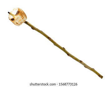 toasted marshmallow on wooden stick isolated on white background