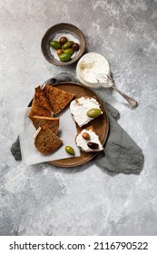 Toasted Rye Bread And Cream Cheese Bruschetta Overhead View