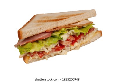 Toasted Sandwich With Ham, Cheese And Vegetables, Isolated