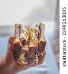 Toasted sandwich, toastie, gourmet, pastrami, cheese melt, pressed, toasted, food styling