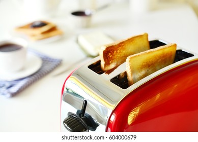 Toaster With Bread In Kitchen Interior Closeup