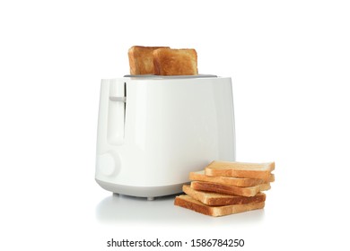 Toaster and bread slices isolated on white background