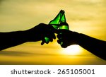 toasting with green bottle beers against summer sky / sun