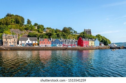 Tobermory / UK - August 25 2019: View of the waterfront. Tobermory is the capital of Mull, and until 1973 the only burgh on, the Isle of Mull in the Scottish Inner Hebrides.