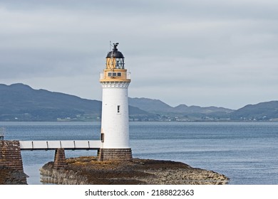 Tobermory, United Kingdom - August 10 2022: Rubha nan Gall lighthouse near Tobermory on the Isle of Mull. The name means Stranger's Point in Gaelic and is operated by the Northern Lighthouse Board.