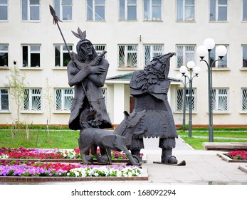 TOBOLSK, RUSSIA - JULY 30: Monument Of Robinson Crusoe, Friday And Dog Laika On July 30, 2008 In Tobolsk, Russia. The Monument To Heroes Of Novels By Daniel Defoe  Was Unveiled In 2007.