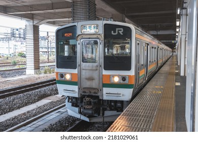 Tochigi, Japan - 06.2022: Ryomo Line JR East 211 Series EMU Train Making Stop At Oyama Station To Pick Up Passenger