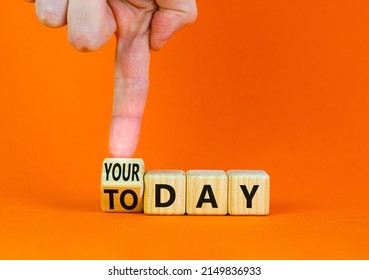 Today is your day symbol. Businessman turns the wooden cube and changes concept words Today to your day. Beautiful orange background, copy space. Business, motivation today is your day concept. - Shutterstock ID 2149836933
