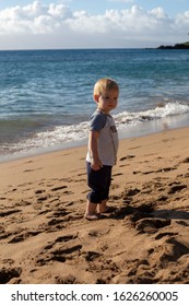 A toddler aged boy, two years old, with blonde hair and dark eyes playing on a beach with water in the background