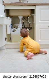 Toddler Baby Boy Is Playing With Detergents And Cleaning Products In An Open Kitchen Cabinet. Child Safety Issues In The Home Room, Little Kid