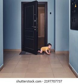 Toddler Baby Crawls Out Of The Open Apartment Door. Child Boy Runs Away From Home. Kid Age One Year