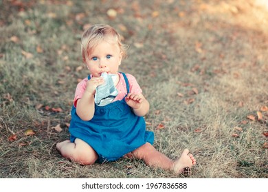 Toddler Baby Eating Baby Food Organic Vegetable Fruit Puree From Pouch. Supplementary Solid Healthy Food Meal Snack For Babies Kids. Girl Eating Outdoor In Park On Summer Day. 
