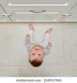 Toddler Baby Fight Near Locked Drawer Cabinet. Sad Child And Closet Cabinet Doors, Little Kid