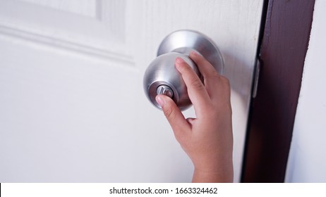 Toddler Baby Hands Kid Reaching Up Try To Open Or Close Door Knob, Child Want To Escape To Play, Explore Outdoor, Security And Safety Concept.