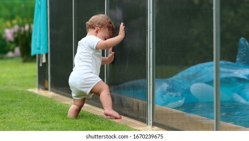 
Toddler baby standing by swimming pool fence, drowning prevention, protection grid