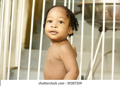 Toddler Boy Contemplates While Holding A Gate