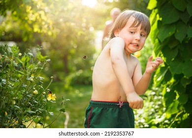 Toddler boy dodging flying bumblebee in summer. Emotional child affraid of bees. Insect phobia - Shutterstock ID 2192353767