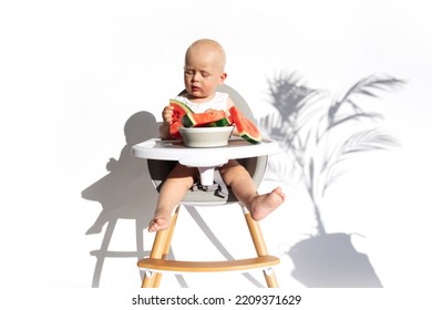 Toddler Boy In Feeding Chair Eats Watermelon, Isolated On White Background. Vegan Healthy Diet, Feeding, Solid Food Concept. Healthy Fruit Snack. Cute Baby, Child, Kid Emotins. Copy Space.